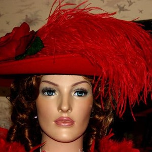 Edwardian Tea Party Hat Women's Fashion Wide Brim Hat Red Wool Winter - Lady Yorkshire  - designed for lady's Victorian and Edwardian events