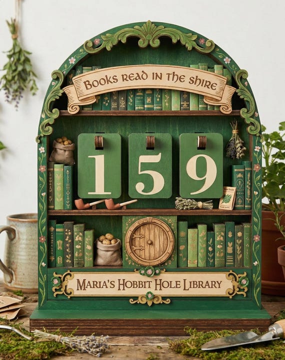 Custom Shire Library Book Counter Wooden Reading Milestone Tracker, Nursery Decor Fantasy Bookshelf Accessory Bookish Gift