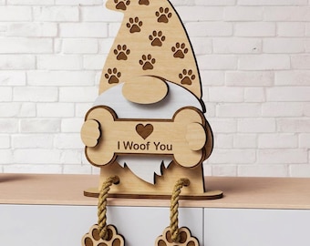 Estante de madera con forma de gnomo para perro, diseño de "I Woof You", con forma de hueso y huella de pata, ideal como regalo para amantes de los perros, adorno rústico para mascotas, bandeja escalonada para cumpleaños de cachorros.