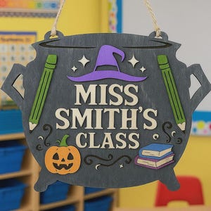 Wooden Classroom Sign – Personalized Teacher Door Hanger, Halloween Cauldron Decor, Custom School Sign for Teacher Gift