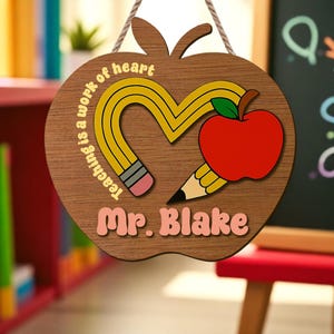 Custom 3D Apple-Shaped Teacher Door Sign – Teaching is a Work of Heart Classroom Name Plaque, Perfect Back-to-School or Appreciation Gift