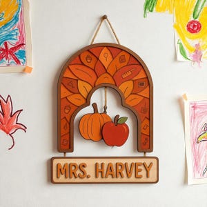 Autumn Teacher Door Sign – Personalized 3D Wooden Classroom Decor with Pumpkin & Apple – Custom Back to School Gift and Teacher Appreciation