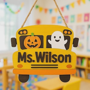 Halloween Teacher Door Sign – Personalized School Bus Classroom Hanger with Pumpkin & Ghost, Wooden Fall Teacher Gift