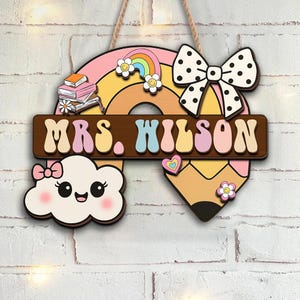 Cute Rainbow Teacher Door Sign – Personalized Classroom Decor with Name, Kawaii Classroom Decor, Back to School Gift for Teachers