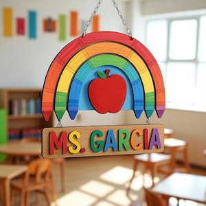 Custom Rainbow 3D Teacher Door Sign – Custom Classroom Hanging Decor, Colorful Back to School Gift & Door Decor for Teachers