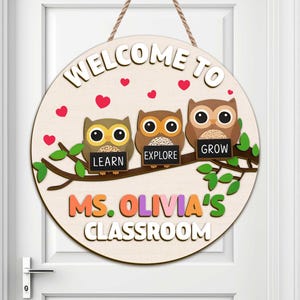 Personalized Owl Teacher Door Sign – Custom Classroom Welcome Sign with Learn Explore Grow Owls – Back to School Teacher Gift