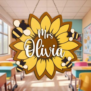 Personalized Sunflower Teacher Door Sign with Bees – Custom Classroom Welcome Sign – Back to School Gift for Teachers