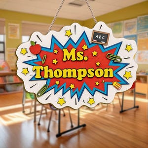Personalized Comic Pop Art 3D Teacher Door Sign – Custom Gift for Back to School & Teacher Appreciation, Mr Name Sign