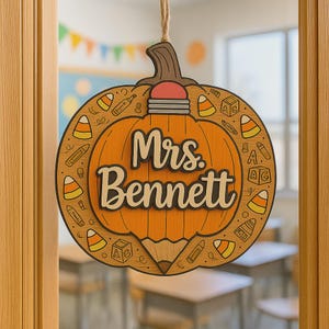 Pumpkin Teacher Door Sign – Personalized Wooden Classroom Hanger, Fall & Halloween Teacher Gift, Custom Back to School Decor