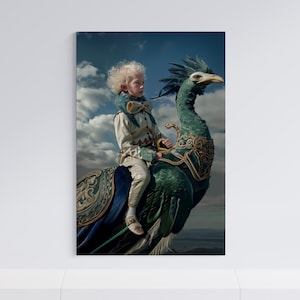 AI generated art, Peacock wall art, Peter Pan nursery, Peacock print, Wildlife painting, Blue peacock, Fairy painting, Fairy tale print