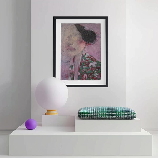 Abstract Floral Woman Portrait - Pink female Minimalist Portrait - Oil and Acrylic Art Print  -Urban wall art - Fine Art modern poster