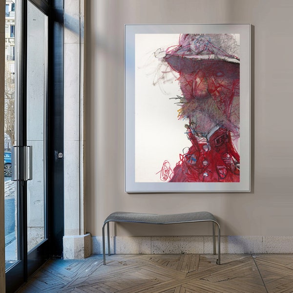 Red and white Abstract Portrait - Oil and Acrylic Art Print -Urban wall art - Fine Art modern poster