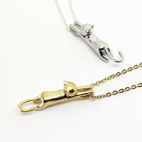 Haning Cat Necklace Streching Cat Necklace Gold/ Silver Etsy