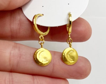 Gold Moon Medallion Huggie Hoops - Tiny hoop earrings