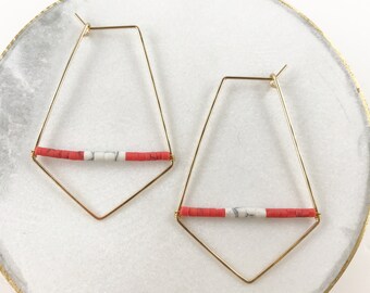 Hammered Diamond Hoop earrings with Coral and Howlite beads
