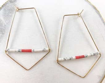 Hammered Diamond Hoop earrings with Howlite and Coral beads