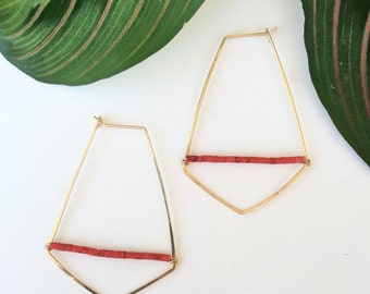 Hammered Diamond Hoop earrings with Coral