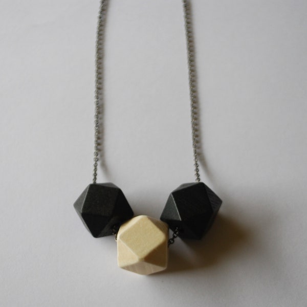 SALE! Last one! Faceted Geometric Necklace - 3 Black and White Wooden Beads