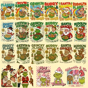 Retro Christmas Cereal Box Clipart Bundle – Grinch, Santa, Rudolph & Holiday Characters PNG