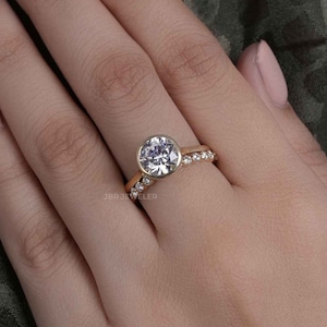 Bezel Set Round Cut Moissanite Bridal Set, Solitaire Engagement Ring with Floating Wedding Band, Anniversary Ring Sets in 10k, 14k, 18k Gold