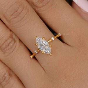 Anillo de compromiso de talla marquesa, diamante cultivado en laboratorio con certificación IGI y claridad F/VS1, solitario para regalo de aniversario, con engaste pavé a distancia.