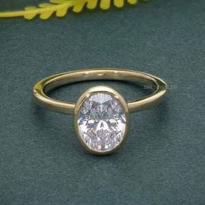 Anillo de compromiso con diamantes cultivados en laboratorio de talla ovalada engastados en bisel, certificado IGI F-VS1, oro macizo de 14 quilates, anillo solitario con diamantes ovalados, regalo de cumpleaños para ella.