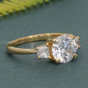 3 Carat E-VVS2 Round Cut Lab Grown Diamond Wedding Ring, Side Stone Trapezoids, Certified Three Stone Engagement Ring in 14k Yellow Gold