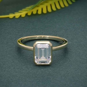 2.0CT Emerald Cut Lab Grown Diamond Bezel Set Engagement Ring, CVD Diamond 14K Solid Gold Solitaire Wedding Ring For Woman, Handmade Jewelry