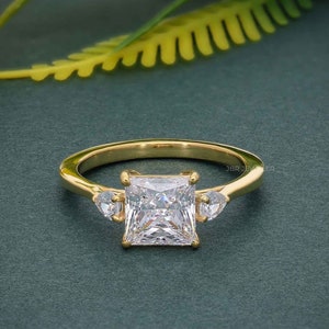 Princess Cut Lab Grown Diamond Engagement Ring: 14k Gold Three Stone Wedding Ring
