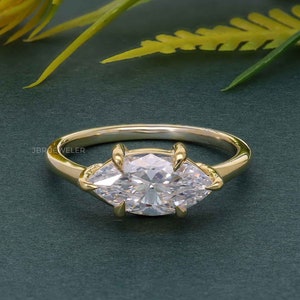 East West Marquise Lab Grown Diamond Engagement Ring, Marquise Cut Solitaire Ring, 14k Yellow Gold Marquise Ring,Unique Wedding Ring for Her