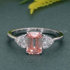1 Carat Fancy Intense Pink Diamond Engagement Ring, Three Stone Lab Grown Diamond Ring, Heart Cut Side Diamonds, White Gold Diamond Ring