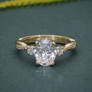 Oval Cut Three Stone Engagement Ring, Lab Grown Diamond Ring in Solid Yellow Gold, Twisted Pave Set Band, Oval Wedding Ring, Infinity Ring