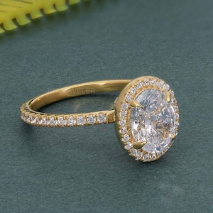 Anello con alone di diamanti da laboratorio taglio ovale, anello di fidanzamento con diamanti da laboratorio, anello di proposta ovale unico, anello di anniversario in oro giallo 14 carati, regalo per lei