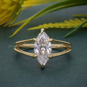 Marquise Cut Lab Grown Diamond Engagement Ring, Certified Solitaire Diamond Ring, Wedding Gift for Wife, 6 Prong Split Shank 14K Solid Gold