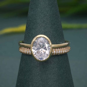 Oval Cut Moissanite Bezel Set Bridal Ring, Oval Engagement Ring With Matching Band, Anniversary Ring with Eternity Band, Wedding Ring Set