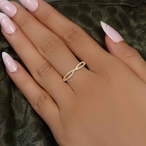 Crossover Wedding Band, Lab Diamond Wedding Ring, Infinity Stackable Band, 10K-14K-18K Solid Rose, White or Yellow Gold Ring, Half Eternity