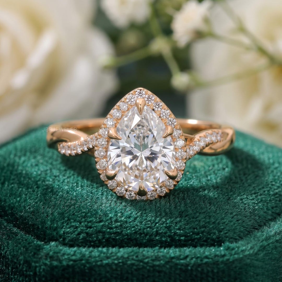 Pear Cut Lab Grown Diamond Twisted Engagement Ring, 14K Solid Gold Halo ...