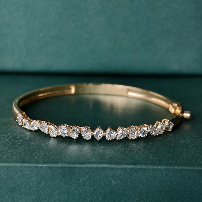 Lab Grown Diamond Gold Bangle Bracelet, Mix Cut Diamond Bracelet For Wedding, Multi Shape Solid Gold Diamond Bracelet, Bangle Bracelet Gift