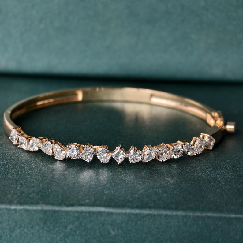 Lab Grown Diamond Gold Bangle Bracelet, Mix Cut Diamond Bracelet For Wedding, Multi Shape Solid Gold Diamond Bracelet, Bangle Bracelet Gift