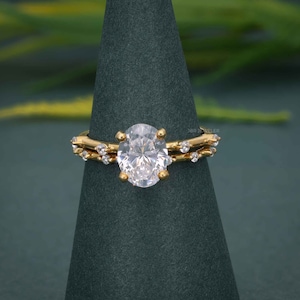 Oval Moissanite Bridal Ring Set: Solid Gold Wedding Ring with Stackable Band