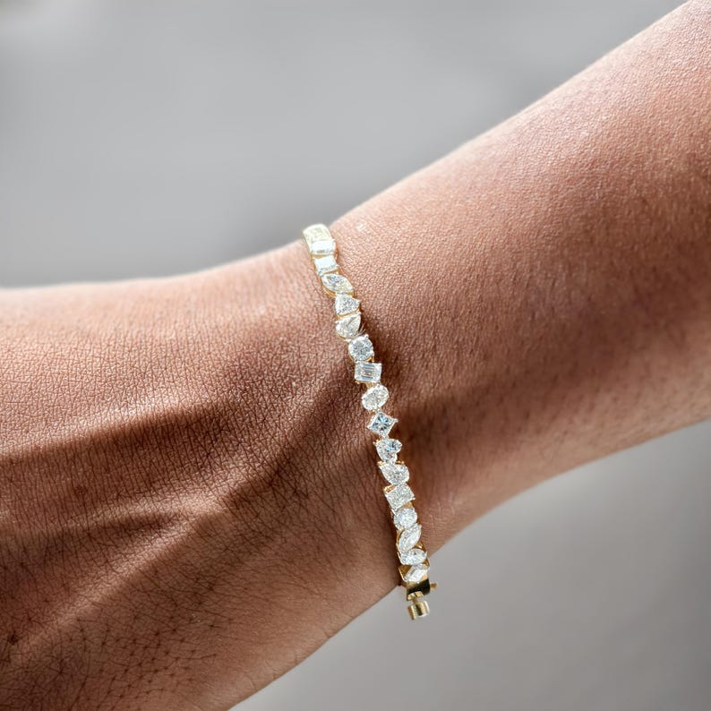 Lab Grown Diamond Gold Bangle Bracelet, Mix Cut Diamond Bracelet For Wedding, Multi Shape Solid Gold Diamond Bracelet, Bangle Bracelet Gift