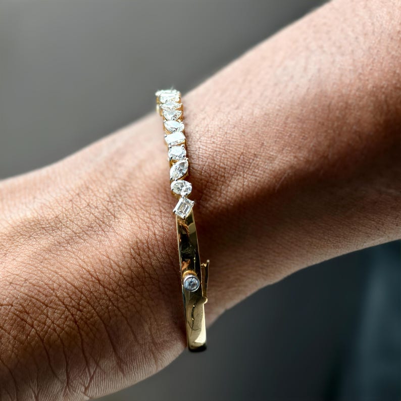 Lab Grown Diamond Gold Bangle Bracelet, Mix Cut Diamond Bracelet For Wedding, Multi Shape Solid Gold Diamond Bracelet, Bangle Bracelet Gift