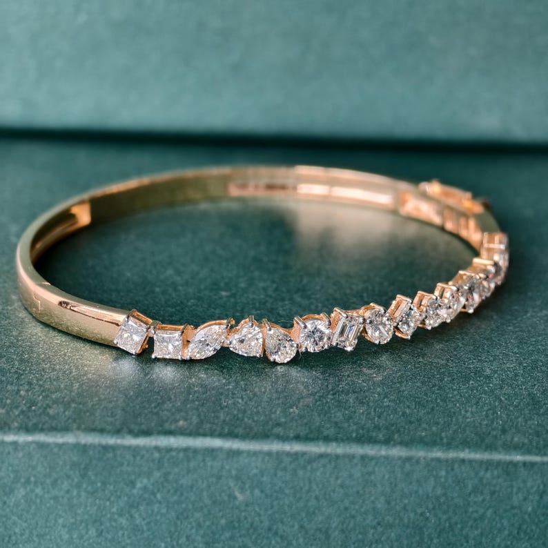 Lab Grown Diamond Gold Bangle Bracelet, Mix Cut Diamond Bracelet For Wedding, Multi Shape Solid Gold Diamond Bracelet, Bangle Bracelet Gift
