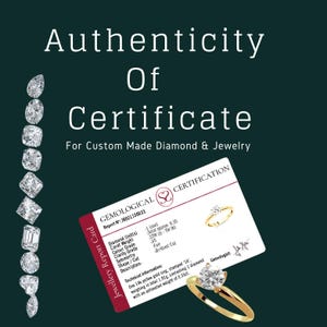 May include: A diamond certificate with the text "Authenticity Of Certificate" and "For Custom Made Diamond & Jewelry". The certificate describes a 14k yellow gold ring with a diamond, weighing approximately 0.35 carats (0.07g).