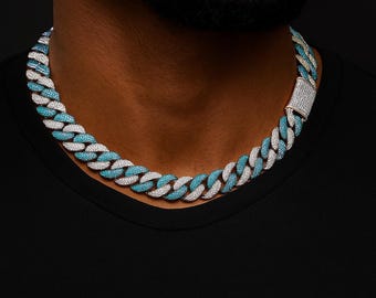 14 mm Moissanit kubanische Kette : Sterlingsilber Iced Out Hip Hop Halskette