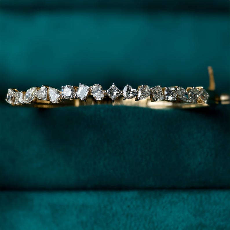 Lab Grown Diamond Gold Bangle Bracelet, Mix Cut Diamond Bracelet For Wedding, Multi Shape Solid Gold Diamond Bracelet, Bangle Bracelet Gift