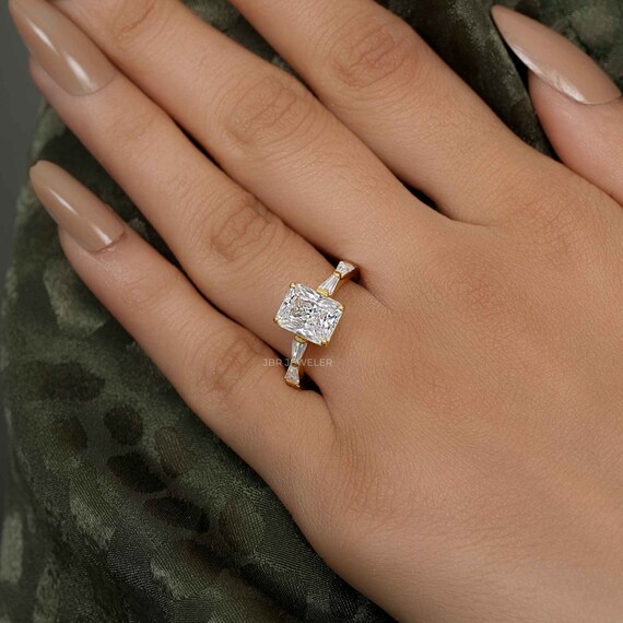 Radiant cut engagement ring with baguettes hot sale