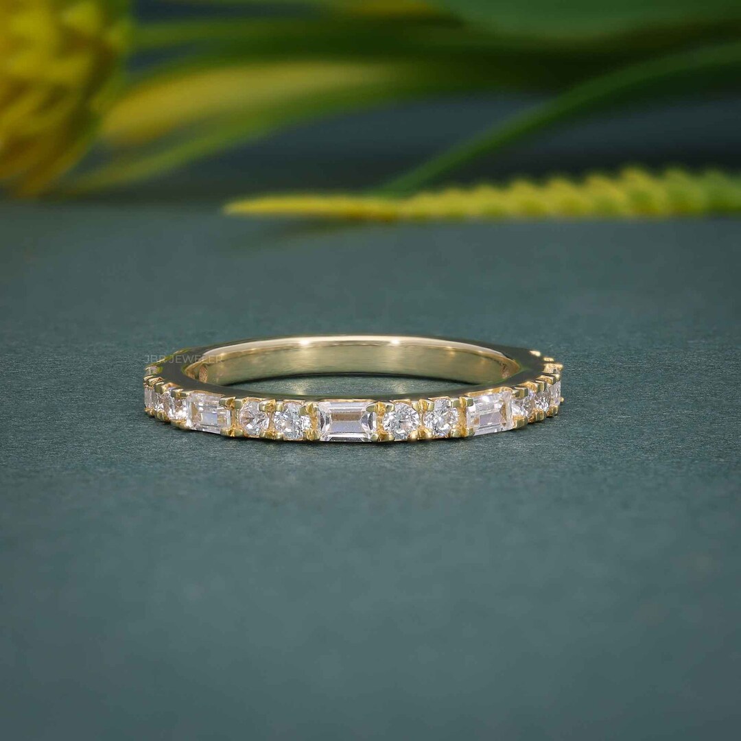 Baguette & Round Cut Lab Grown Diamond Band, 14k Solid Gold Half ...