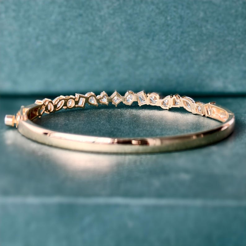 Lab Grown Diamond Gold Bangle Bracelet, Mix Cut Diamond Bracelet For Wedding, Multi Shape Solid Gold Diamond Bracelet, Bangle Bracelet Gift
