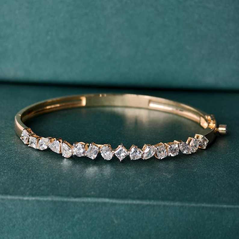 Lab Grown Diamond Gold Bangle Bracelet, Mix Cut Diamond Bracelet For Wedding, Multi Shape Solid Gold Diamond Bracelet, Bangle Bracelet Gift